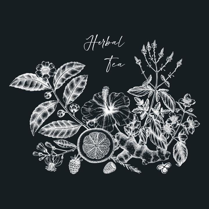 Hand-sketched tea drinks vintage illustration on chalkboard. Vector sketches of hot beverage cups, dried leaves, jasmine blossoms. Popular tea drawings for a card, an invitation, or café menu design